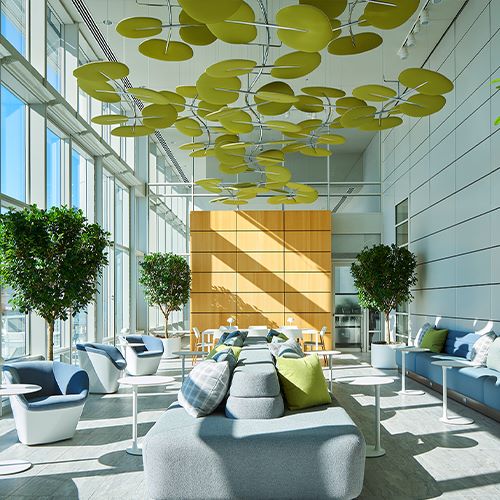 Snowsound Botanica leaf-form panels in a hotel lobby