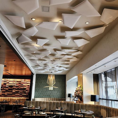 Snowsound Flap suspended acoustic panels in a restaurant