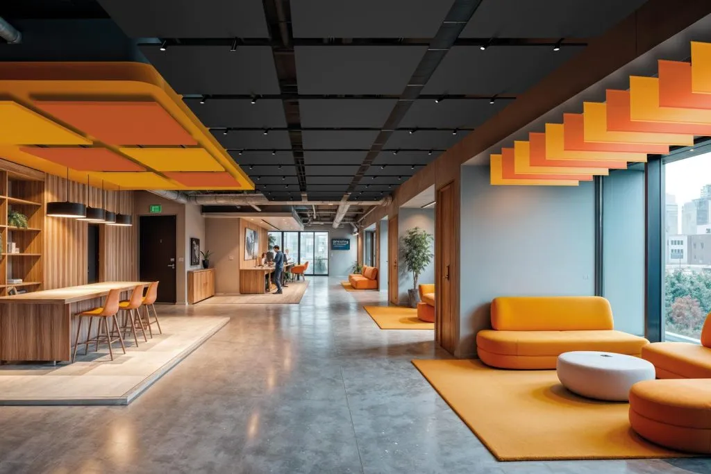 A colourful open office finished with acoustic panels and ceiling treatment