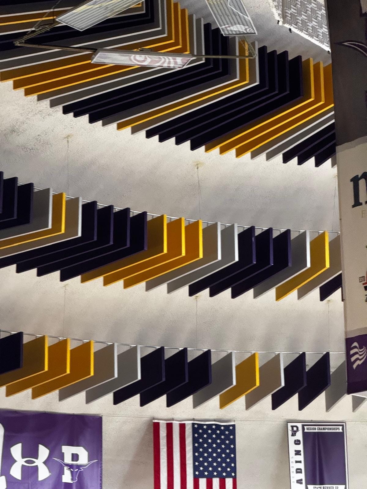 Chevron-arranged gymnasium acoustic baffles in school colors